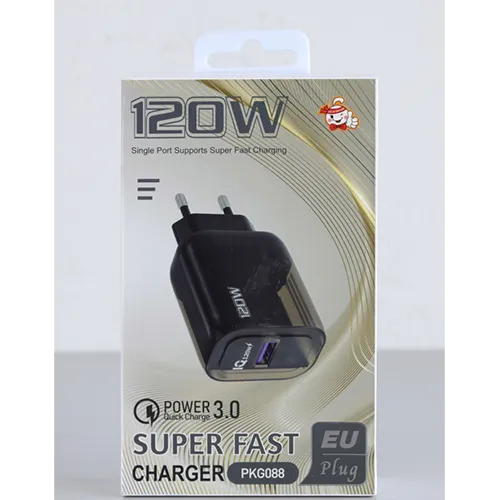 Black plastic mains wall charger with one USB Type-A output port.