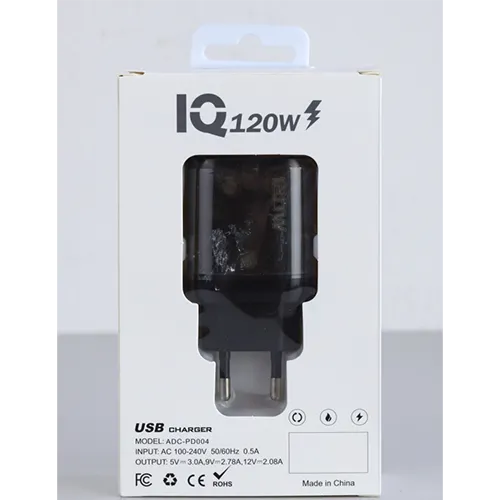 Black plastic mains wall charger with one USB Type-A output port.