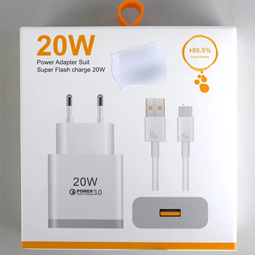 White plastic mains wall charger with one USB Type-A output port, sold with a separate white cable.