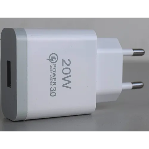 White plastic mains wall charger with one USB Type-A output port, sold with a separate white cable.