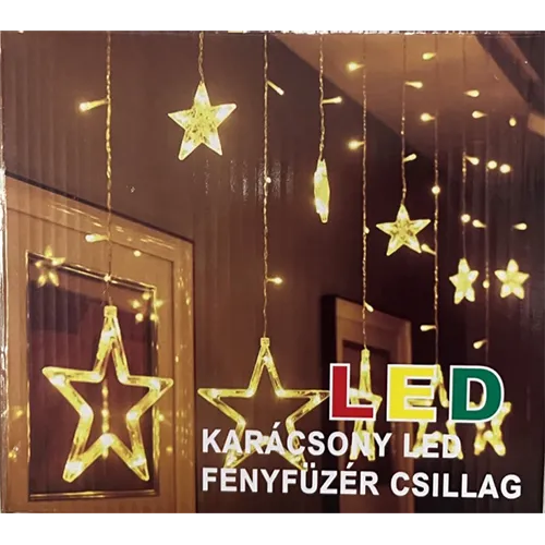 Extendable decorative LED curtain lighting chain featuring 108 colourful non-replaceable LED lights inside star-shaped transparent plastic cases and a white electronic rectifier unit box.