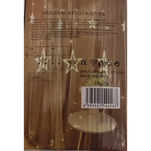 Extendable decorative LED curtain lighting chain featuring 108 colourful non-replaceable LED lights inside star-shaped transparent plastic cases and a white electronic rectifier unit box.