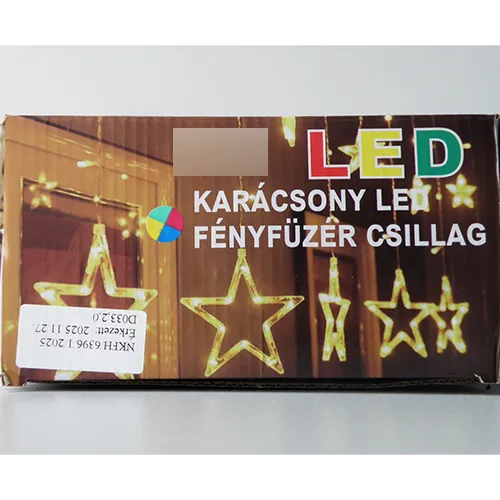 Extendable decorative LED curtain lighting chain featuring 108 colourful non-replaceable LED lights inside star-shaped transparent plastic cases and a white electronic rectifier unit box.