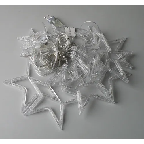 Extendable decorative LED curtain lighting chain featuring 108 colourful non-replaceable LED lights inside star-shaped transparent plastic cases and a white electronic rectifier unit box.