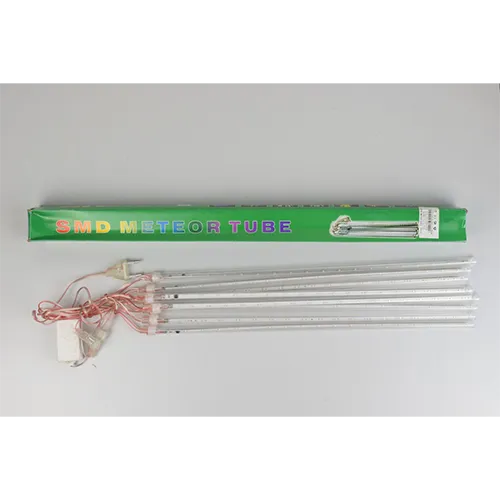 Extendable decorative LED lighting chain featuring eight transparent plastic tubes, each equipped with a double-sided LED strip containing thirty-six colourful LED lights, supplied with a small electronic power supply unit box.