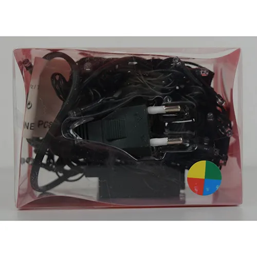 Extendable decorative lighting chain with 100 colorful LED lights and a black electronic controller box.