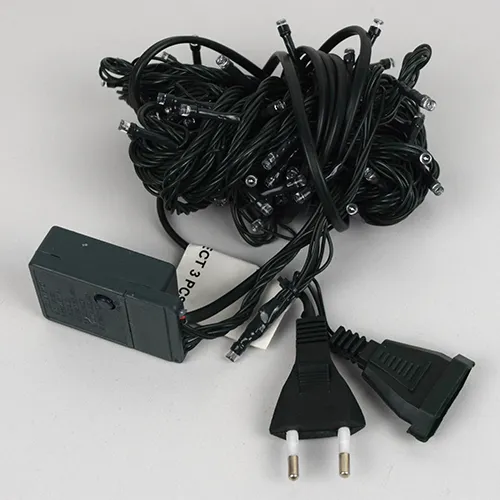 Extendable decorative lighting chain with 100 colorful LED lights and a black electronic controller box.