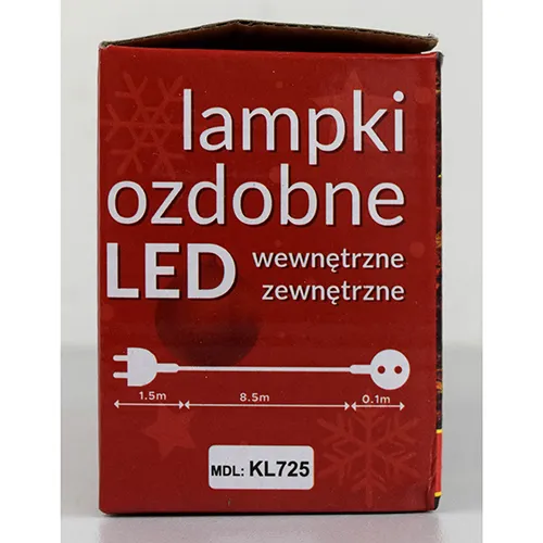 LED lighting chain with colourful lights, green insulated wire and a black controller box.