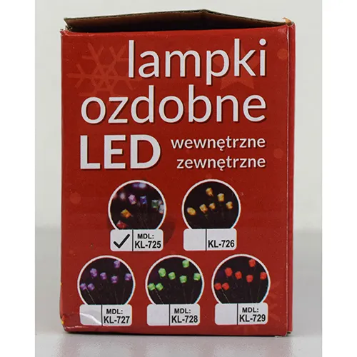 LED lighting chain with colourful lights, green insulated wire and a black controller box.
