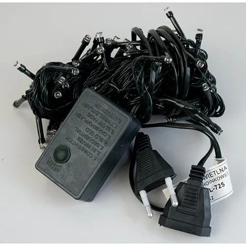 LED lighting chain with colourful lights, green insulated wire and a black controller box.