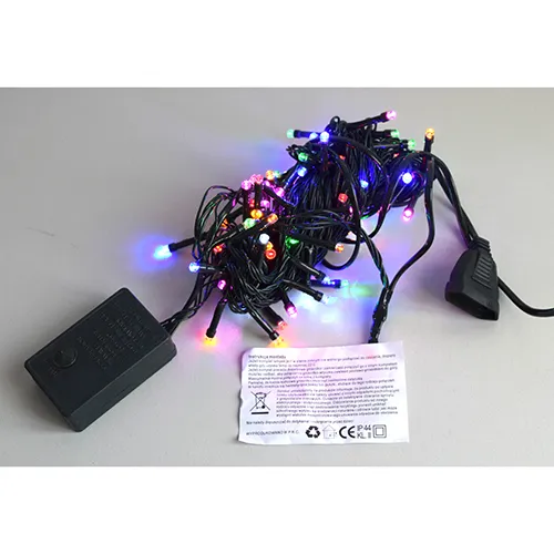 LED lighting chain with colourful lights, green insulated wire and a black controller box.