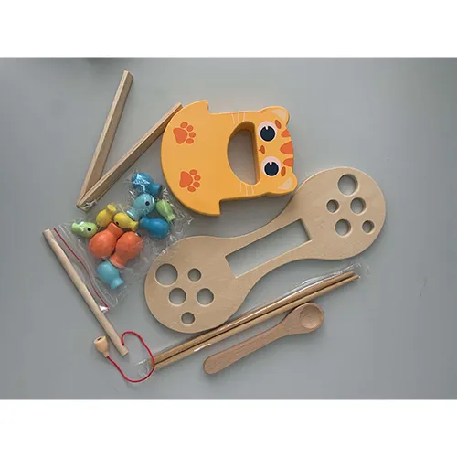 Wooden toy consisting of a cat-shaped balancing piece, a base with holes of various sizes, two fishing rods with strings and magnets, a  spoon and a colourful fish.