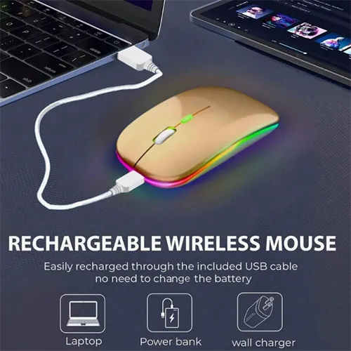 Wireless mouse with USB charging cable.