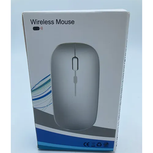 White wireless computer mouse with a USB charging cable.