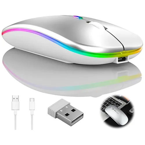 White wireless computer mouse with a USB charging cable.