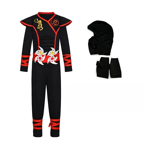 Ninja costume consisting of a long-sleeve suit, a velcro-type belt, two felt shurikens, gloves, a hood and four red ribbons for fastening.