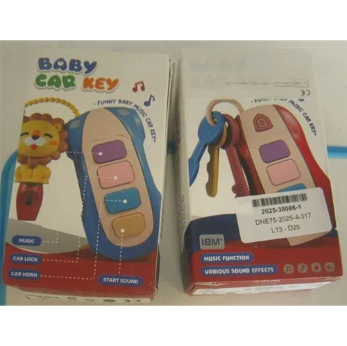 Plastic toy in the shape of car keys, made up of a car-shaped box with a sound button and three keys in blue, yellow and red colours.