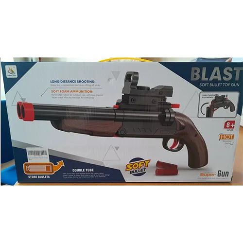 Toy gun with foam suction darts. The gun fires two shots.