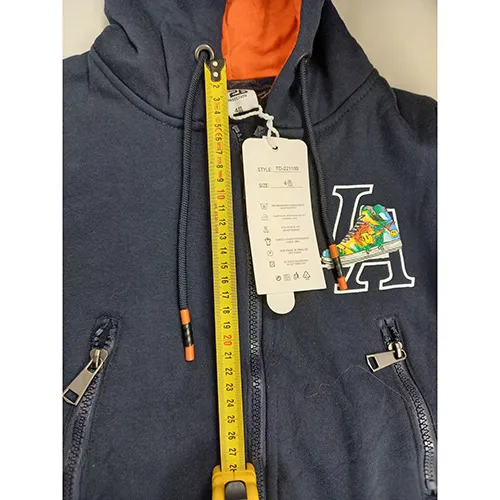Set of a hooded sweatshirt and trousers, intended for children, size: 4 years, made of blue knitted fabric, with inscriptions
