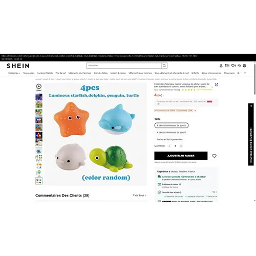 Bath toy in the shape of animals (turtle, starfish, sea lion and dolphin) that light up and flash in various colours when placed in the water.
