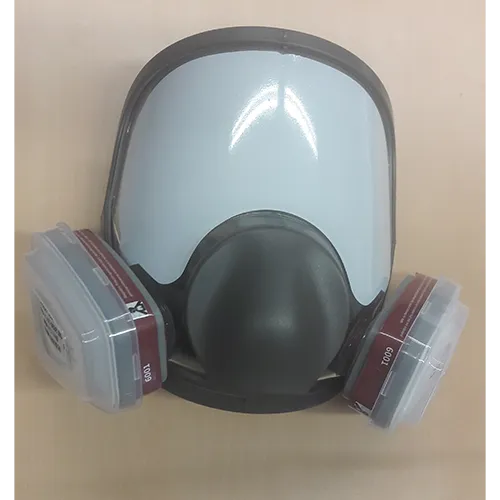 Respirator mask, marketed as ‘Full-face respirator mask with 6001 filter, dust mask for protection against fine particulate matter, painting mask for gases, vapours, epoxy resin, spray painting, chemicals, sanding, construction work, industry’.
