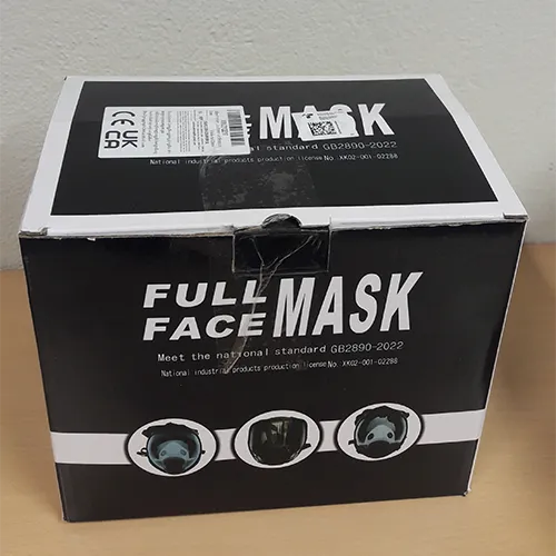 Respirator mask, marketed as ‘Full-face respirator mask with 6001 filter, dust mask for protection against fine particulate matter, painting mask for gases, vapours, epoxy resin, spray painting, chemicals, sanding, construction work, industry’.