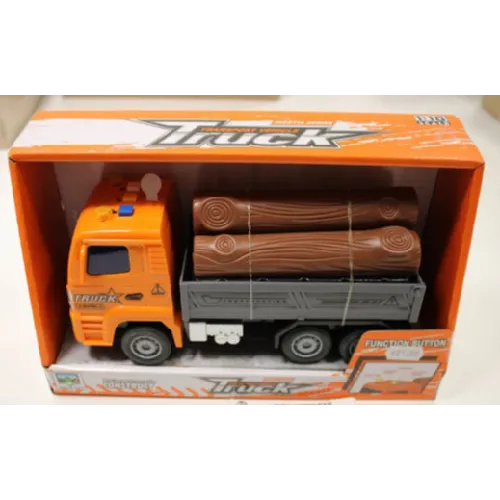 A plastic toy logging truck consisting of an orange cab and a grey cargo bed loaded with imitation wooden logs. The logs are secured to the vehicle with elastic retaining bands.