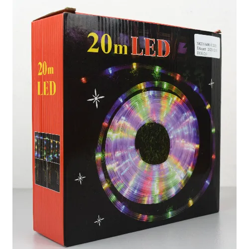 Sealed lighting chain with 20 meters length, featuring white LED lights, black insulated wiring, and an integrated black plastic controller box.