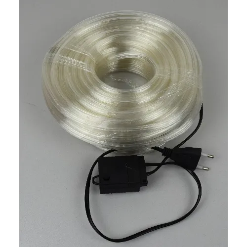 Sealed lighting chain with 20 meters length, featuring white LED lights, black insulated wiring, and an integrated black plastic controller box.