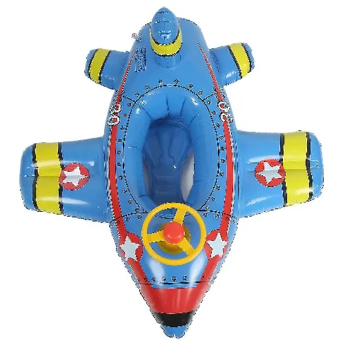 Blue inflatable swim seat in the shape of an aeroplane with a steering wheel