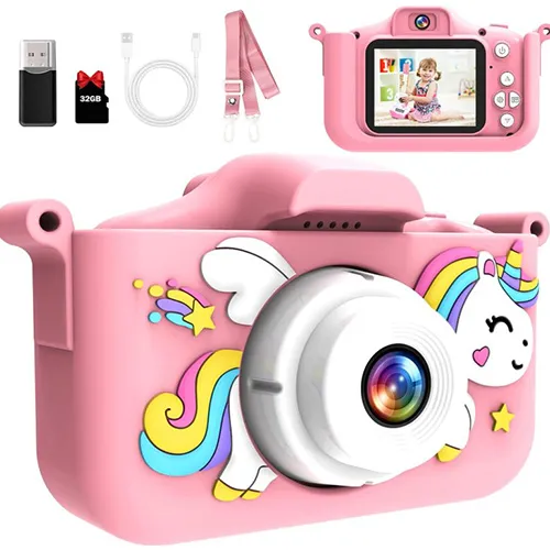 Pink camera intended for children with a white USB