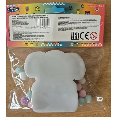 Squeezable toy set in the shape of a teddy bear, including balls, glitter, and tree-shaped details; made from a soft, stretchy material designed for hand-kneading, it returns to its original shape after being squeezed.