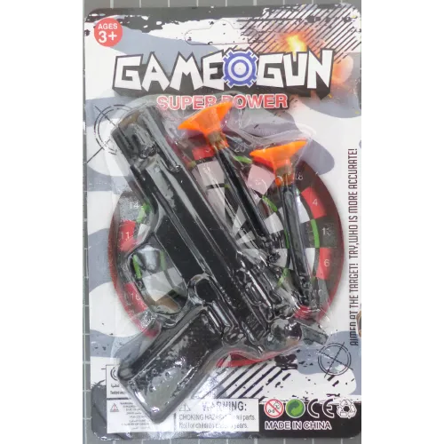 Toy gun set for shooting suction cup darts, with three darts.