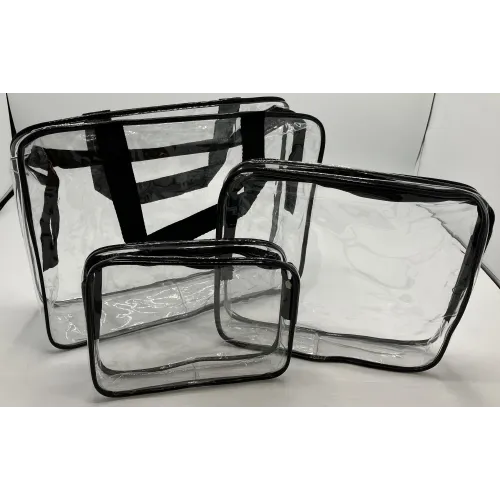 Transparent toiletry bag made of soft transparent plastic with a black zipper.