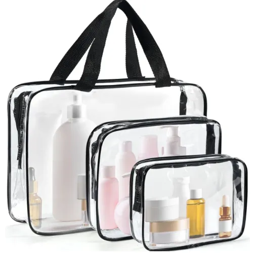 Transparent toiletry bag made of soft transparent plastic with a black zipper.