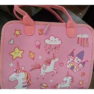 Pink busy board with stickers and accessories.