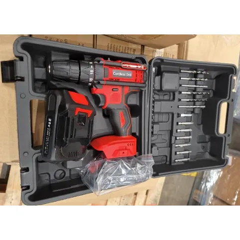 Black and red electric combi drill with 21v battery and charger in a black plastic carry case.