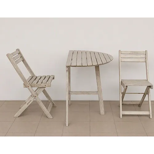 Furniture set, consisting of a semi-circular table and 2 chairs, intended for outdoor use.